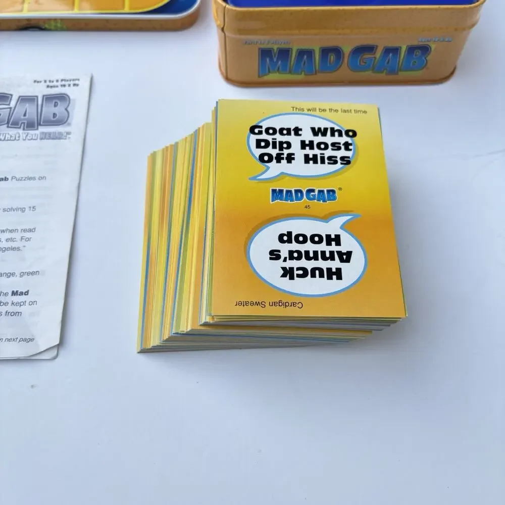 Mad Gab Game Tin COMPLETE Mattel 2004 Travel Party Game Words Humor